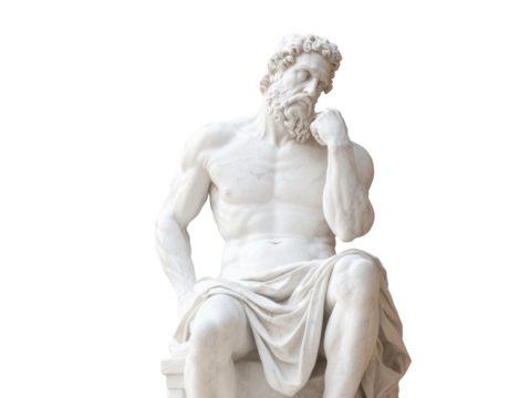 Contemplative statue of a muscular man in classical pose on a transparent background, cut out