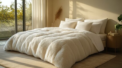 Luxurious fluffy duvet on a king-size bed in a sunlit bedroom