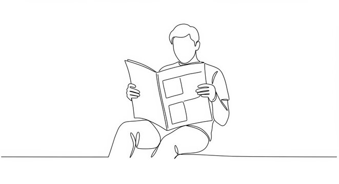 Elegant single continuous line drawing of person reading newspaper concept