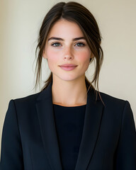 Confident young woman in a professional blazer, subtly styled hair
