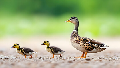 Obraz premium Female duck leading two ducklings on gravel path