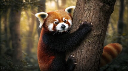A red panda clings to a tree in a lush forest, surrounded by dappled sunlight and greenery