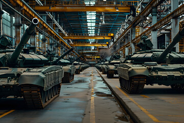 Assembly line of modern battle tanks in factory