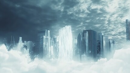 Fototapeta premium A majestic city emerges from the clouds, a breathtaking spectacle of towering skyscrapers and a frozen waterfall, bathed in ethereal light.
