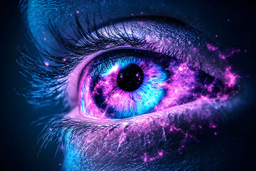 Cosmic eye, nebula swirls within pupil, vibrant purple, blue hues