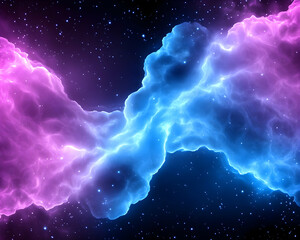 Cosmic nebula swirls in vibrant blue and pink hues against a starry backdrop