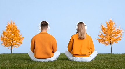 Couple in orange sweaters meditate outdoors with headphones, autumn trees