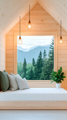 Cozy attic room with window seat overlooking mountain view
