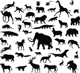 Silhouette Animal Vector Collection, Dog, Horse, Elephant, Cat, Bear, Wolf, Lion, Deer, Tiger, Giraffe, and Farm Animals Isolated on White