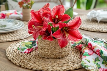 Naklejka premium Vibrant Red Amaryllis Flowers in a Woven Basket Centerpiece on a Table Setting.