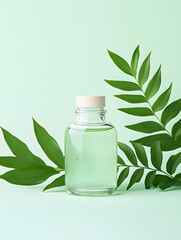 Clear glass bottle of liquid with green leaves on pastel background