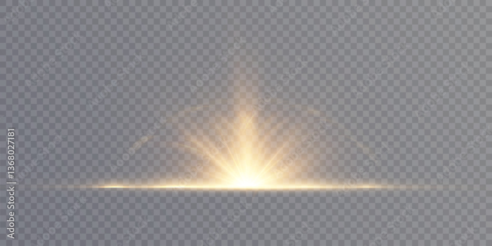 Aufkleber A translucent light effect with soft golden rays radiating upwards from a central flash. The element is isolated on a transparent background, suitable for use in design, editing and visual effects.