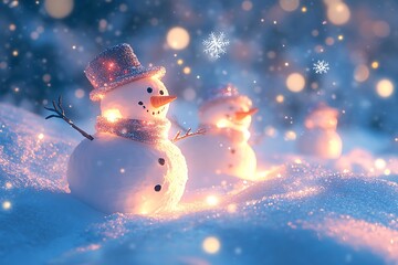 A snowy landscape with animated snowmen and lively snowflakes, where every snowflake and snowman has its own personality, creating a playful, whimsical winter wonderland