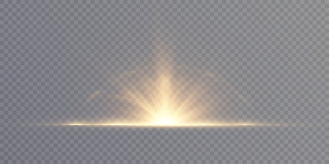 A translucent light effect with soft golden rays radiating upwards from a central flash. The element is isolated on a transparent background, suitable for use in design, editing and visual effects. © Valeriia