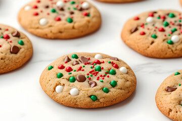 Festive cookies with chocolate chips and sprinkles on marble