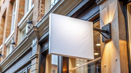 Blank square shop signboard outside a shop, mockup, white, empty, circular, storefront, street, advertising, display 