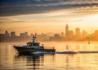 Fototapeta premium Seattle Harbor Patrol Boat on Elliott Bay, Minimalist Water Scene