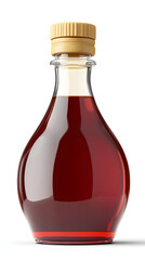 Clear Glass Bottle Filled with Dark Rich Sweet Syrup Against White Background with Ample Copy Space for Text and Product Advertisement Opportunity