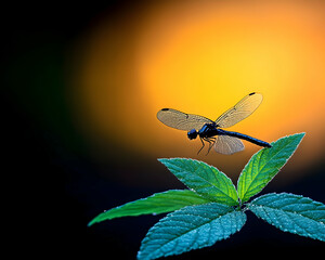 Dragonfly at sunset perched on dewy green leaves