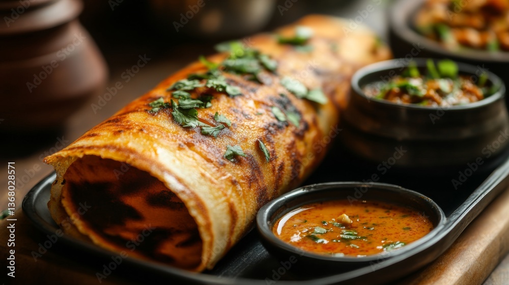 Poster a close-up of a dosa served with a drizzle of ghee, garnished with chopped coriander and accompanied