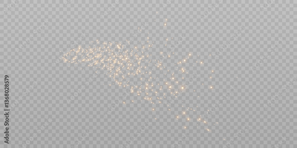 Poster A flow of soft golden sparks with a moving effect on a transparent background. The glowing particles create a sense of magic and are suitable for visual effects, holiday designs and illustrations.
