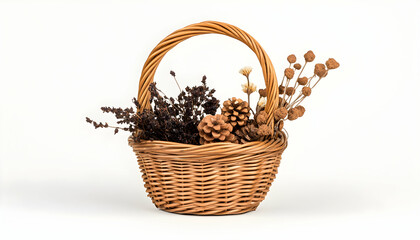 Dried flowers and pine cones in a wicker basket