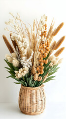 Dried flower arrangement in a wicker vase, featuring wheat, pampas grass, and other dried botanicals in warm neutral tones