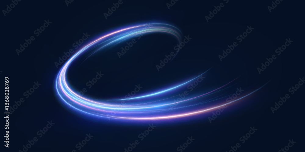 Poster neon light trail. vibrant blue and purple lines create a sense of speed of light beams and energy - 