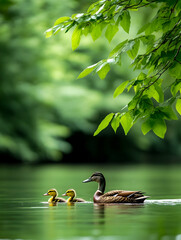 Ducklings and mother swimming in calm green water, under leafy branches