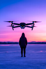 Drone hovering over person at sunset on frozen lake