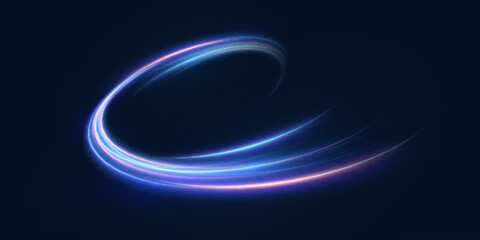 Neon Light Trail. Vibrant blue and purple lines create a sense of speed of light beams and energy - for digital design and technology.