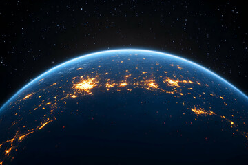 Earth at night, city lights illuminating the globe from space