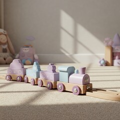 A Charming Wooden Baby Toy Train Set with Soft Shadows