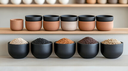 Earthenware pots with various grains and seeds displayed on a wooden shelf