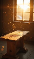"Cozy Rustic Wooden Plank Shelf with Glittering Particles in Golden Hour Sunlight for Placement Product"