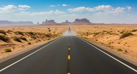 Naklejka premium Long desert highway stretching into the distance with iconic rock formations under a blue sky