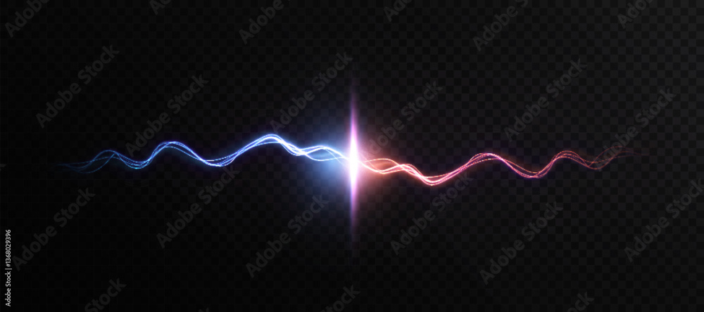 Fototapete glowing blue and red energy waves meet in a brilliant flash against a dark background. a dynamic sym