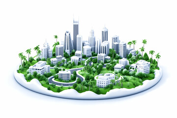 Eco-friendly city model on a green island, showcasing sustainable urban planning