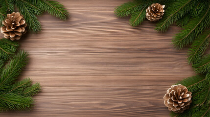 Fototapeta premium Festive wood background with pine branches and cones, creating a winter holiday frame