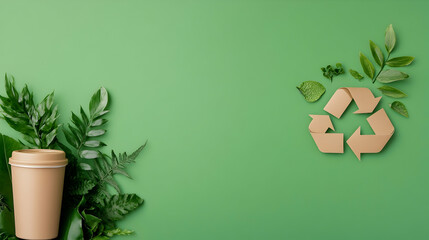 Eco-friendly coffee cup with recycle symbol and green leaves on green background