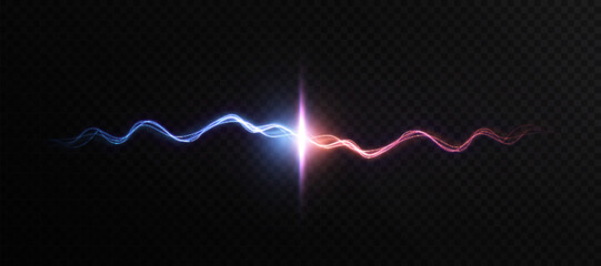 Glowing blue and red energy waves meet in a brilliant flash against a dark background. A dynamic symbol of connection, fusion or magical clash in a sci-fi or fantasy context.