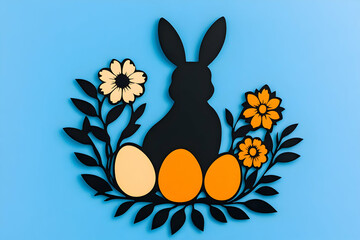 Easter bunny silhouette with eggs and flowers on blue background