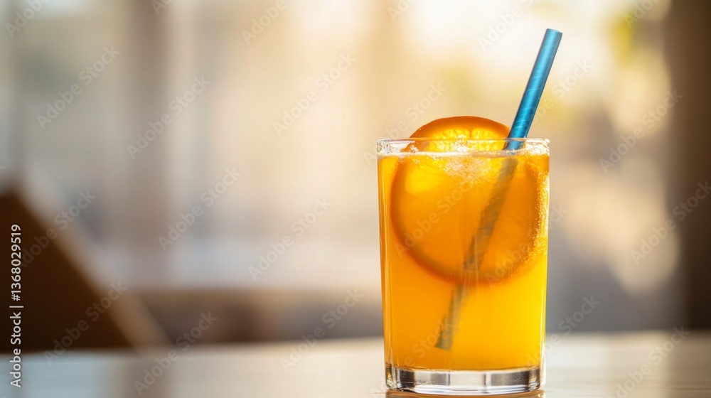 Poster a close-up of a glass of orange juice with a colorful straw, placed on a sunlit table, highlighting 