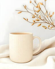 Cozy autumn scene beige mug of coffee on cream knit fabric with dried floral branch