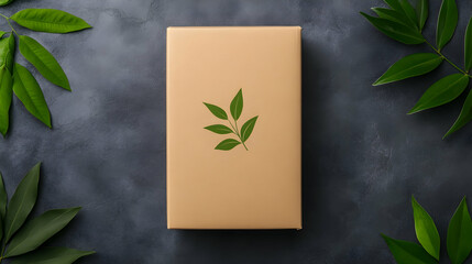 Eco-friendly kraft box with leaf design, surrounded by greenery on dark background
