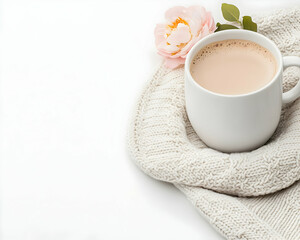 Cozy autumn scene coffee cup on knitwear with a rose