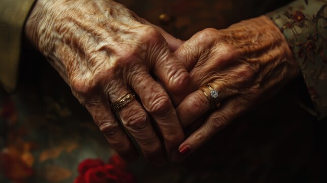 National Honesty Day. An elderly couple's intertwined hands, subtle wedding rings, telling a lifetime of shared truths - Powered by Adobe