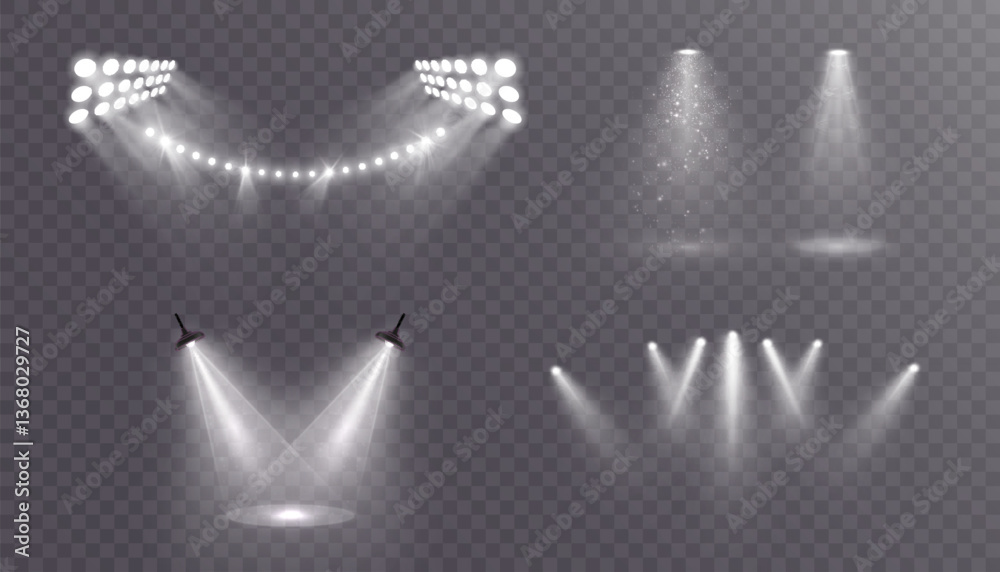 Poster a set of realistic spotlights and stage lights on a transparent background. for shows, stages and di