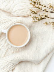 Cozy autumn scene coffee in a mug on a knitted blanket with dried flowers
