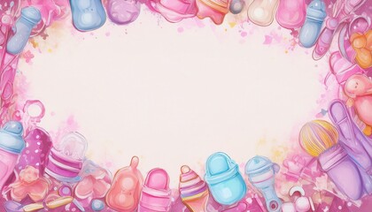 Fototapeta premium creative beautiful border frame of cute baby accessories background with copy space; newborn concept